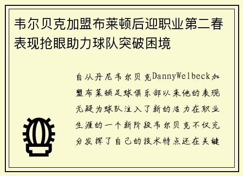 韦尔贝克加盟布莱顿后迎职业第二春表现抢眼助力球队突破困境 韦尔贝克加盟布莱顿后迎职业第二春表现抢眼助力球队突破困境